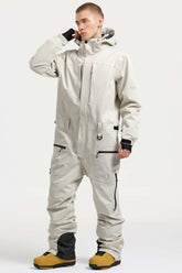 Men's Off White Stylish Waterproof & Windproof Loose-Fit One-Piece Ski Suit with Detachable Hood & Multipockets